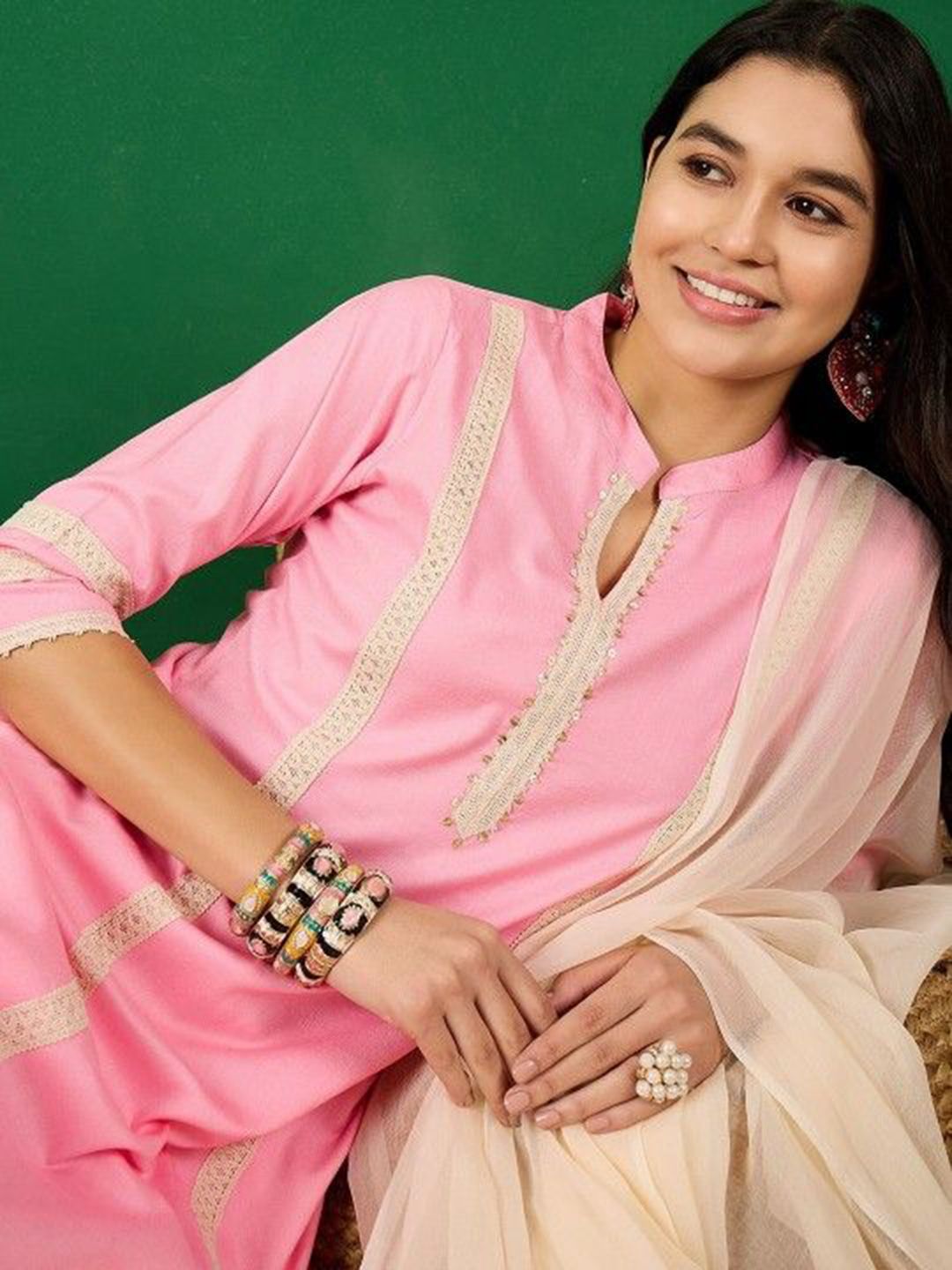 Dhiyona SN Women's Sequin Embroidered Straight Kurta & Trousers With Dupatta