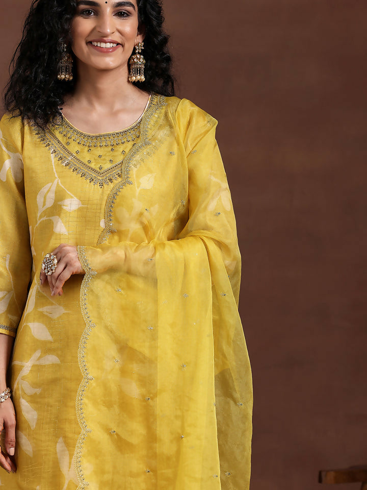 Women's LB Mustard Printed Organza Straight Suit With Dupatta