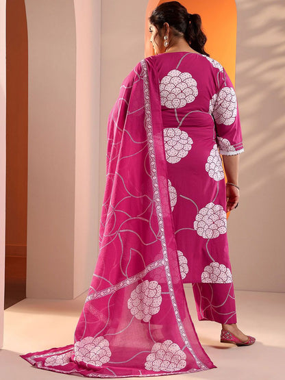 Dhiyona Women's Plus Size Floral Printed Regular Kurta with Trousers & Dupatta