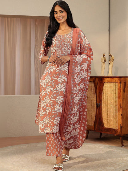 Rust Red Floral Printed Cotton Straight Suit Set