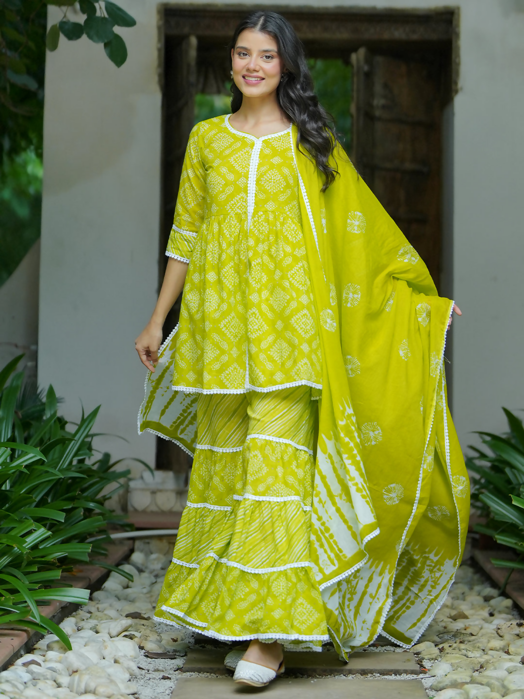 Women's LB Green Printed Cotton A-Line Kurti With Sharara & Dupatta