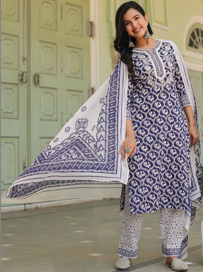 Dhiyona RR Women's Printed Pure Cotton Kurta with Trousers & With Dupatta