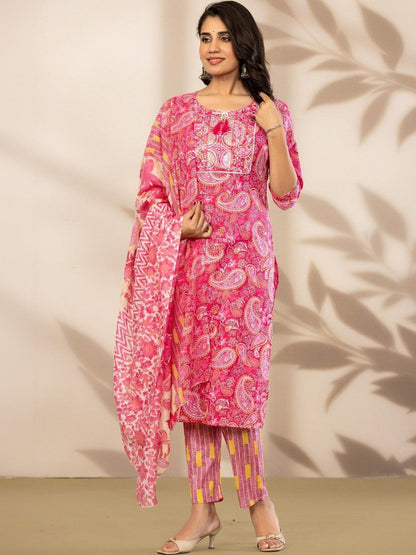 Women Paisley Printed Regular Patchwork Pure Cotton Kurta with Trousers & With Dupatta