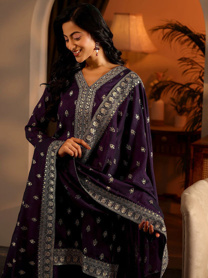 Dhiyona LL Ethnic Motifs Embroidered Sequnnied Straight Kurta With Sharara & Dupatta