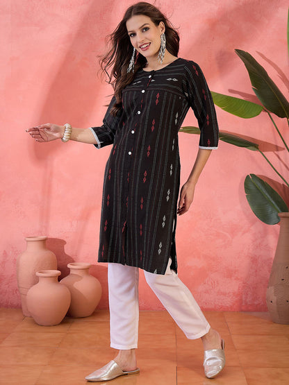 Geometric Printed Round Neck Cotton Straight Kurta With Trousers