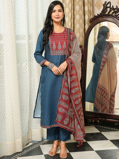 Dhiyona KL Ethnic Motifs Yoke Design Straight Kurta With Trousers & Dupatta