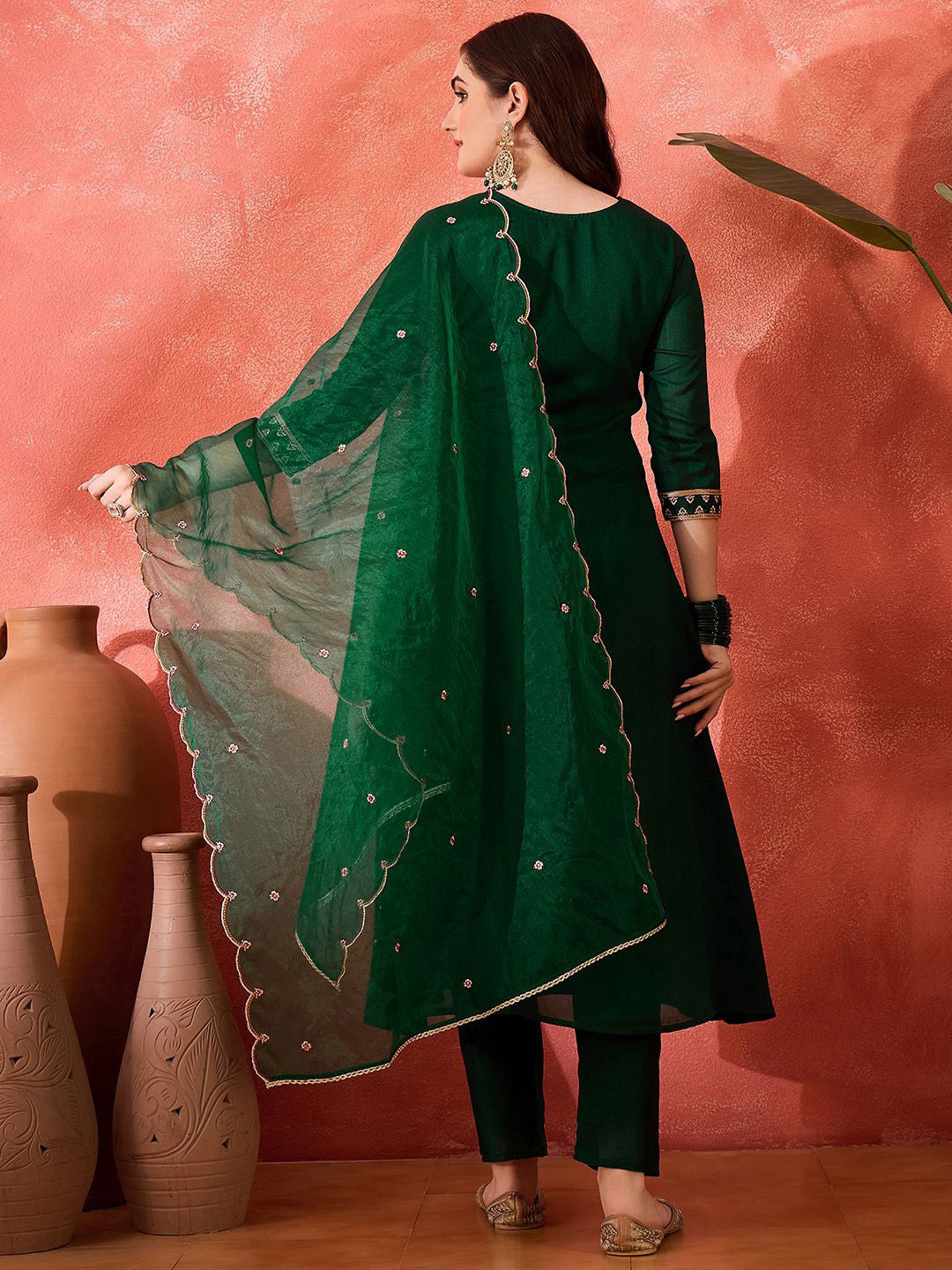 Floral Embroidered Zari Work Round Neck A-Line Kurta With Trousers And Dupatta