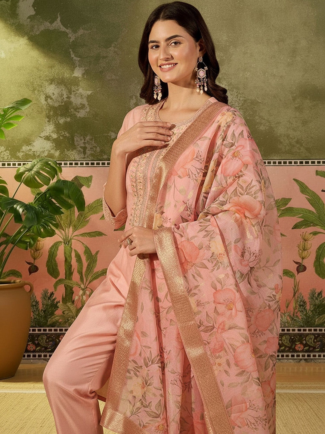 Embroidered Round Neck Kurta & Trousers With Dupatta