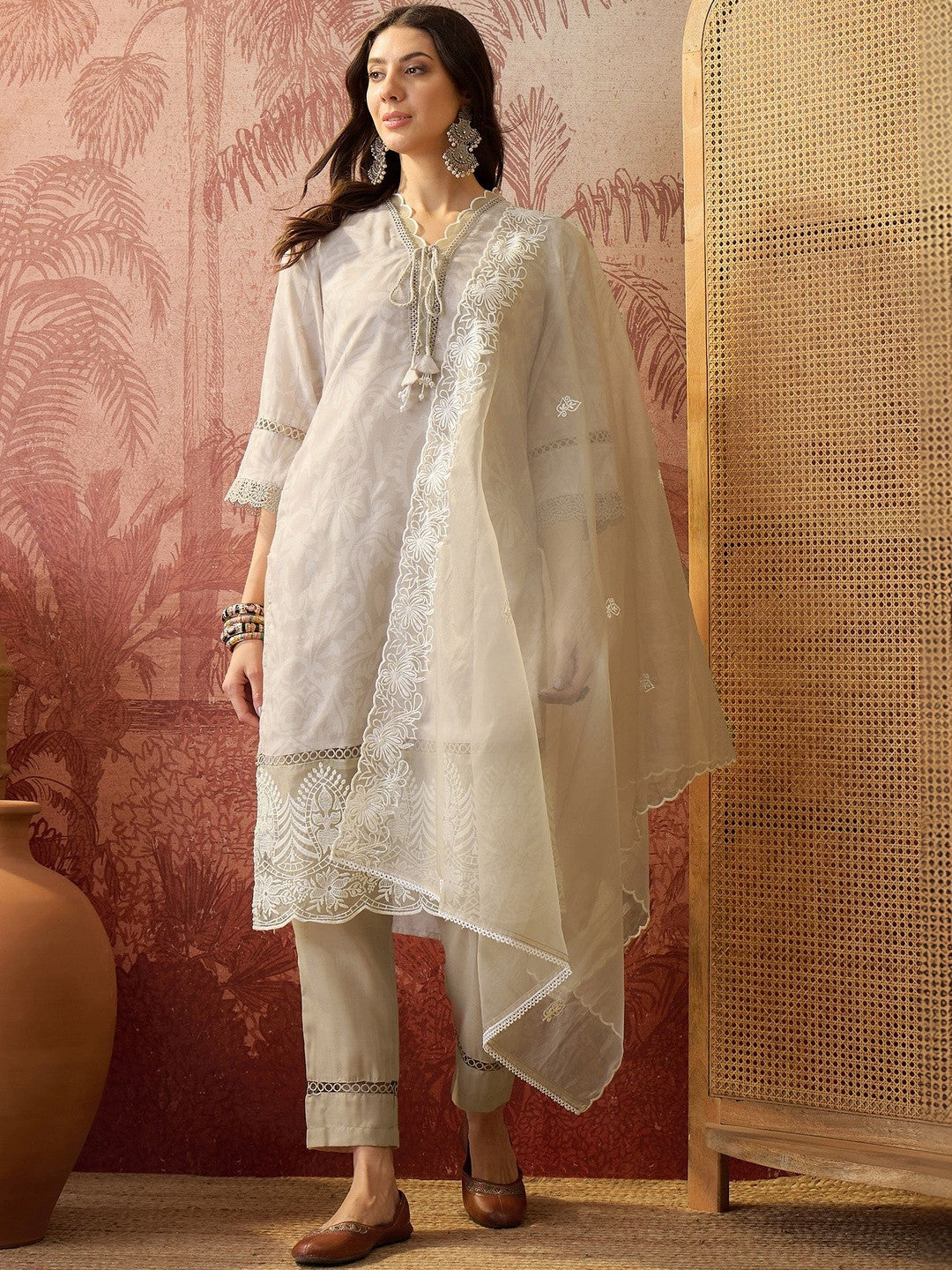 Embroidered Cotton Blend V-Neck Kurta & Trousers Kurta Set