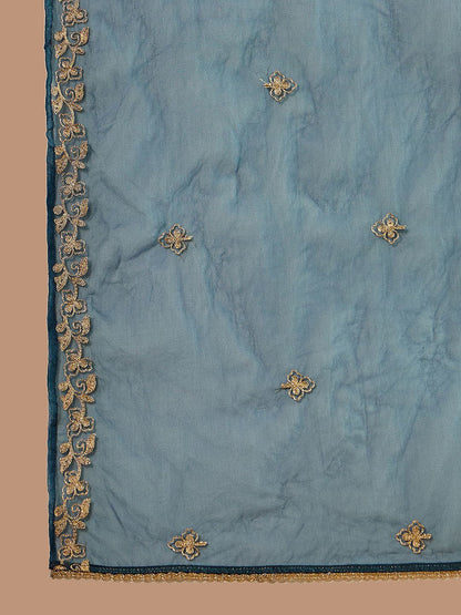 Floral Embroidered Sequinned Thread Work Kurta With Trousers & Dupatta