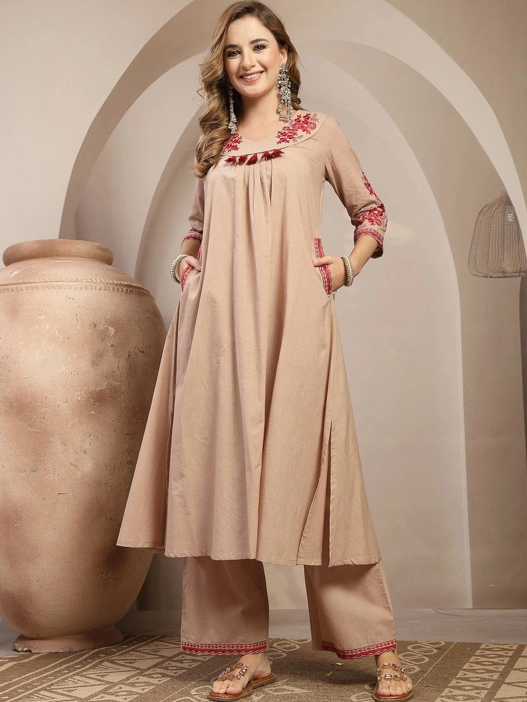 Women Embroidered Regular Sequinned Kurta with Palazzos & With Dupatta