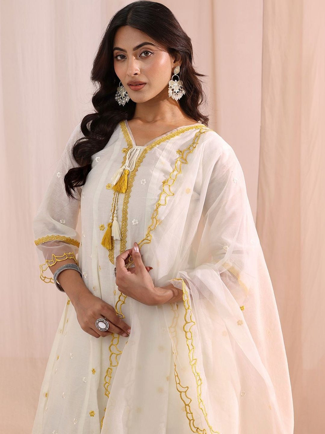White Floral Embroidered Silk Blend A-Line Suit Set