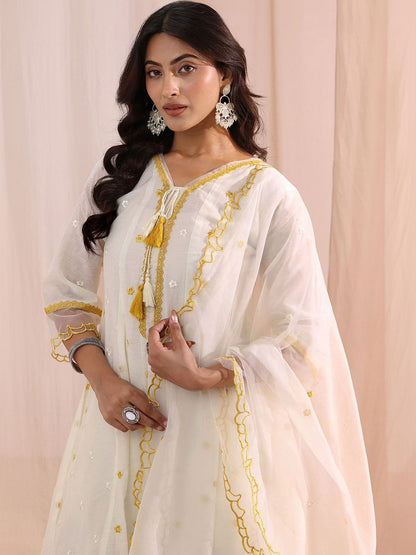 White Floral Embroidered Silk Blend A-Line Suit Set