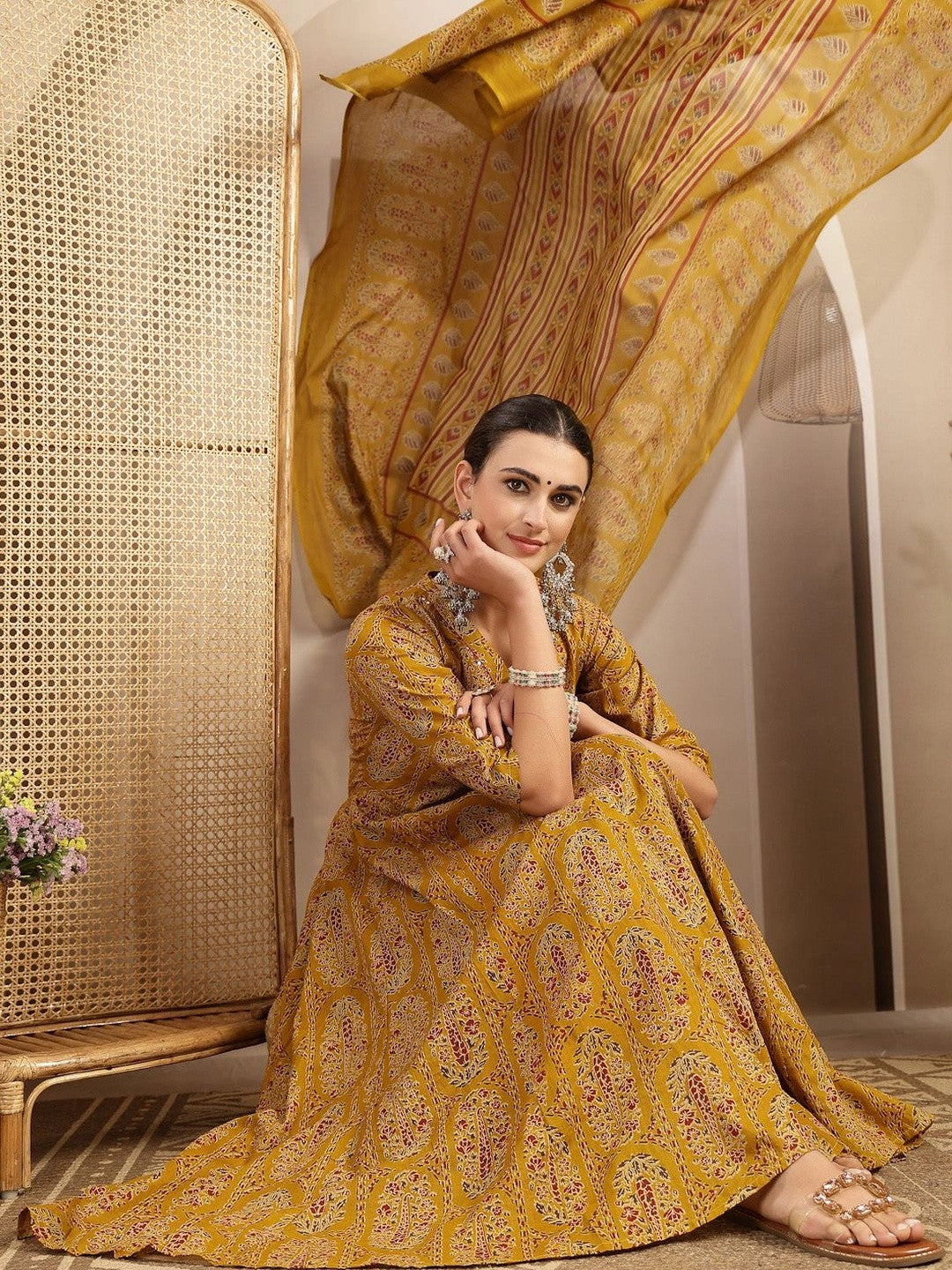 Women Ethnic Motifs Printed Angrakha Kurta with Trousers & With Dupatta