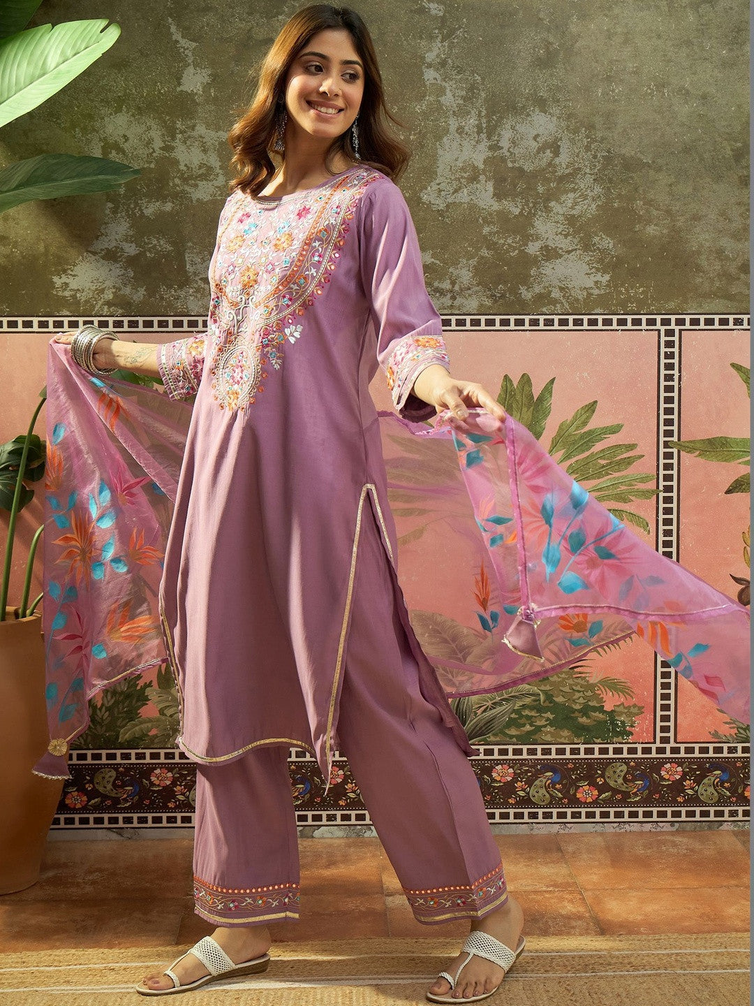 Embroidered Round Neck Kurta & Trousers With Dupatta
