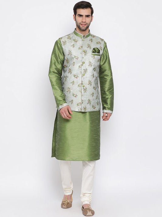 Men's Green Cotton Silk Straight Jacket  Kurta and Pyjama Set