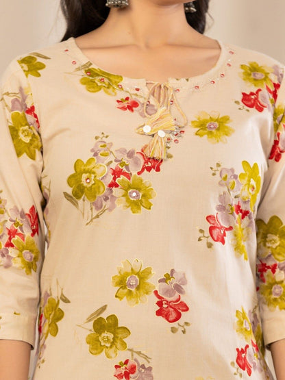 Women Floral Printed Regular Mirror Work Pure Cotton Kurta with Trousers & With Dupatta