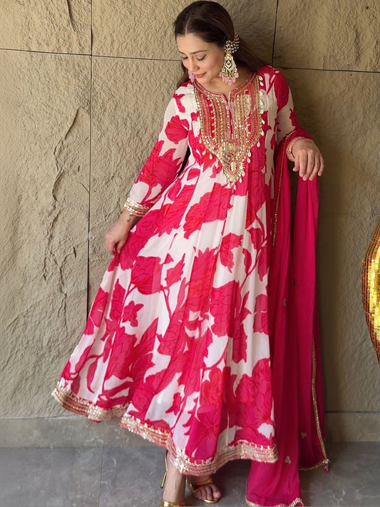 Floral Printed Sequinned Notch Neck Georgette Kurta With Trousers & Dupatta