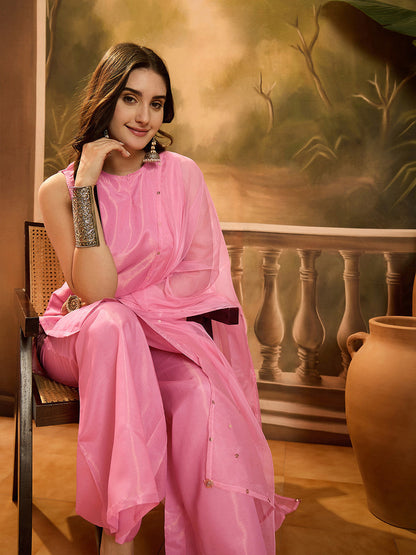 Boat Neck Sleeveless Organza Straight Kurta With Sharara & Dupatta
