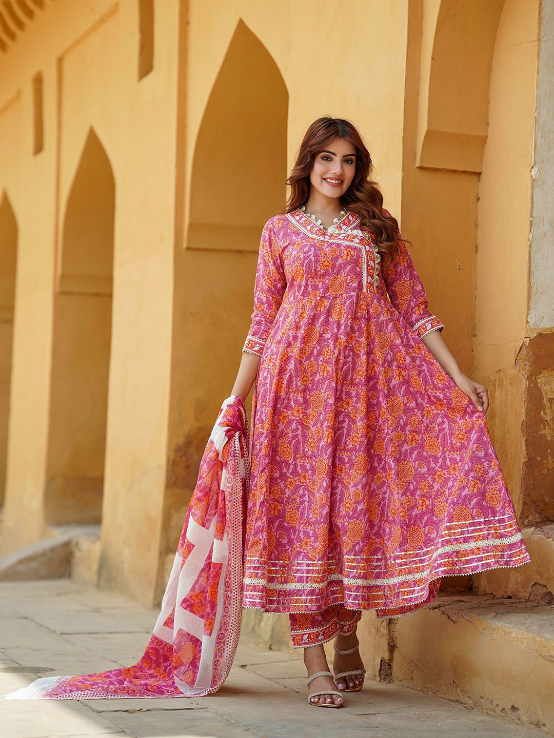 Dhiyona KL Floral Printed Angrakha Pure Cotton Anarkali Kurta With Trousers & Dupatta