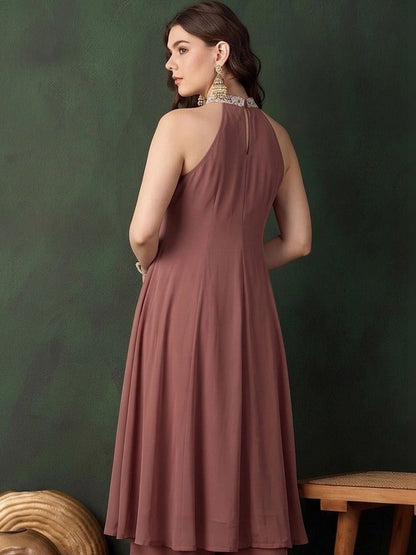 Women Ethnic Motifs Embroidered Regular Thread Work Silk Georgette Kurta with Palazzos