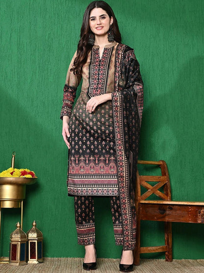 Black & Beige Floral Self Design Winter Velvet Kurta & Trouser With Dupatta