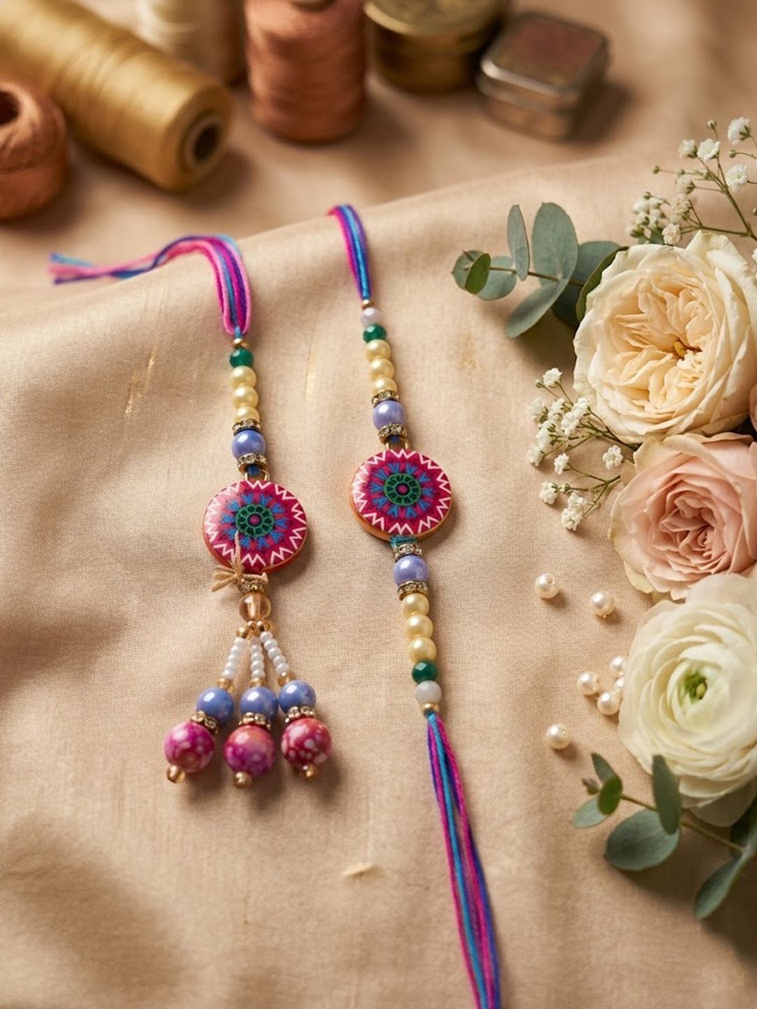 Dhiyona Set Of 2 Artificial Stones & Beads Floral Design Bhaiya Bhabhi Rakhi