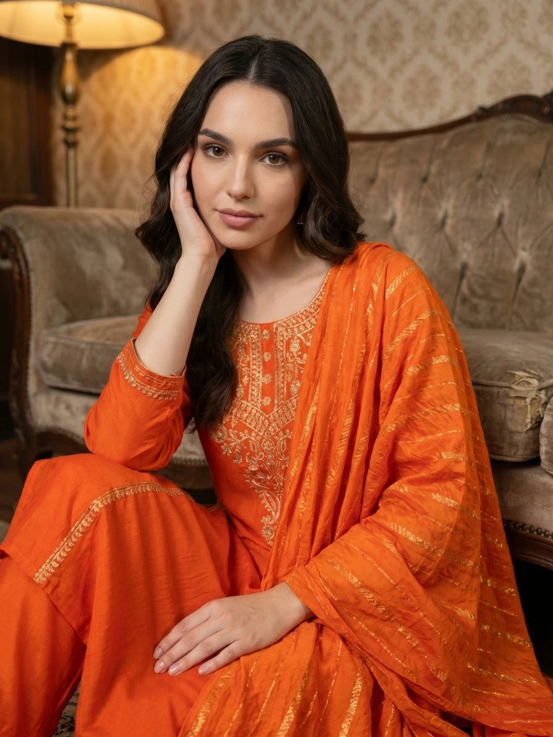 Women Ethnic Motifs Embroidered Regular Thread Work Kurta with Trousers & With Dupatta