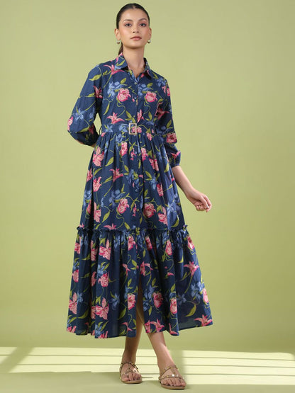 Dhiyona AY Women's Floral Printed Cotton Maxi Flared Ethnic Dress