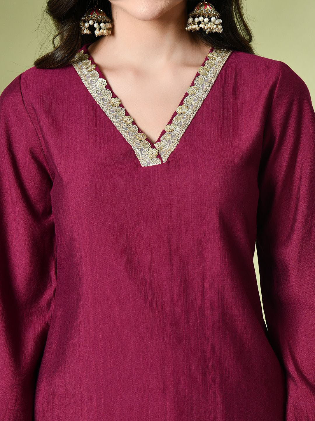 Magenta Flared Sleeves Thread Work Straight Kurta With Salwar & Dupatta