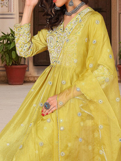 Dhiyona KL Ethnic Motifs Embroidered Pleated Thread Work Kurta with Palazzos & With Dupatta