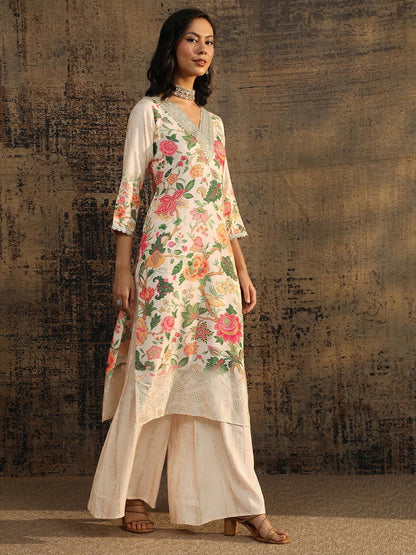 Dhiyona LL Women Floral Printed Regular Sequinned Kurta with Palazzos & With Dupatta