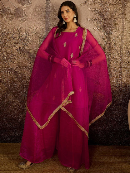 Dhiyona SN Embroidered Sequence Kurta & Palazzos with Dupatta Set