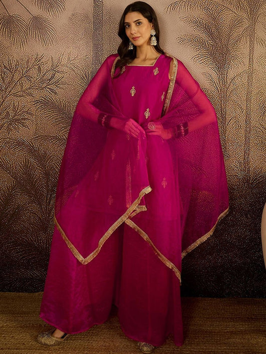 Dhiyona SN Embroidered Sequence Kurta & Palazzos with Dupatta Set