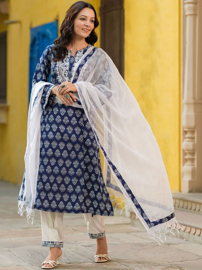Dhiyona RR Women's Ethnic Motifs Printed Regular Thread Work Pure Cotton Kurta with Trousers & With Dupatta