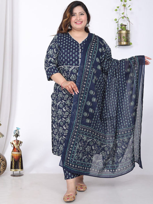 Dhiyona KL Plus Size Floral Printed V-Neck Pure Cotton Straight Kurta With Trousers & Dupatta