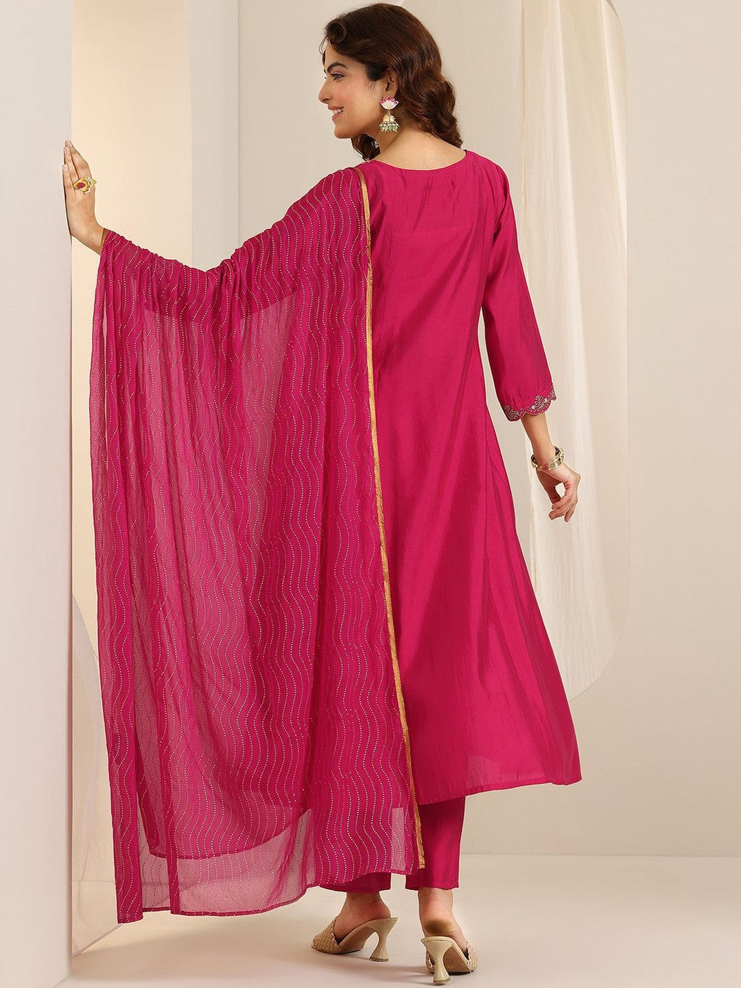 Floral Yoke Design Thread Work A-Line Kurta With Trousers & Dupatta