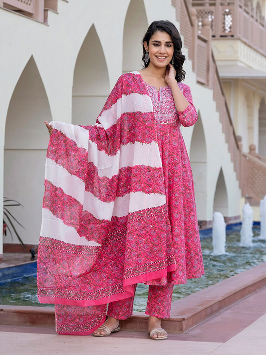 Dhiyona KL Women Floral Printed Regular Pure Cotton Kurta with Trousers & With Dupatta