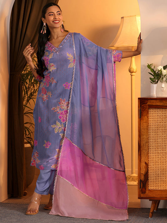 Women Floral Printed V-Neck Kurta with Trousers & Dupatta