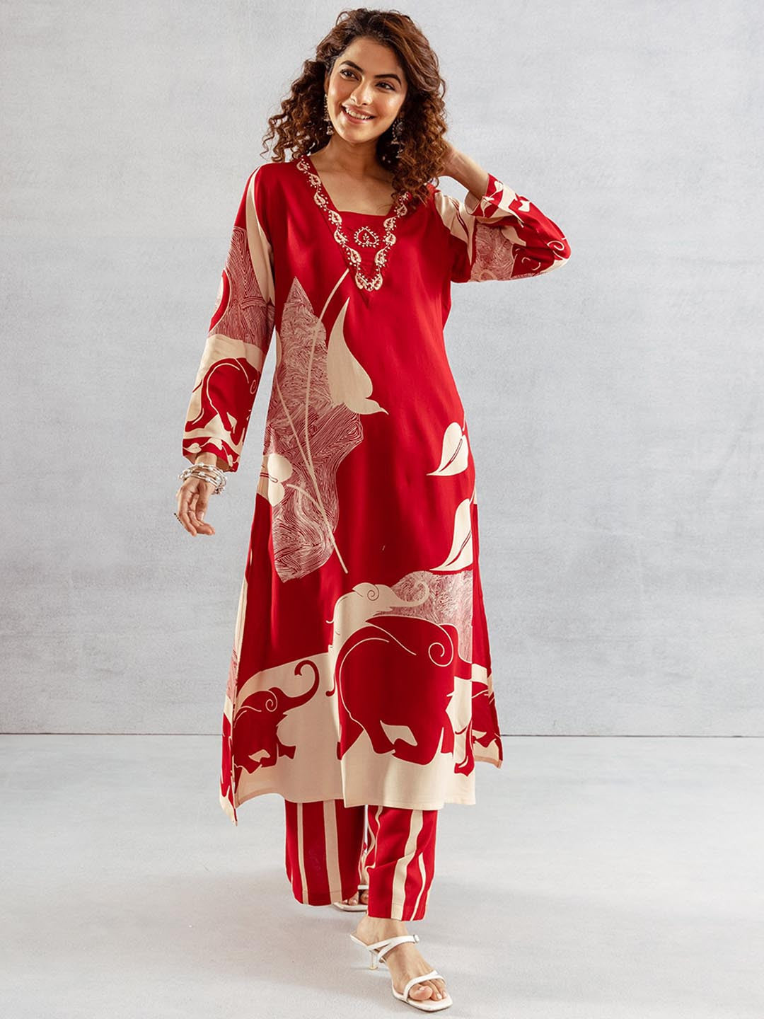 Printed With Embroidered Kurta With Palazzos