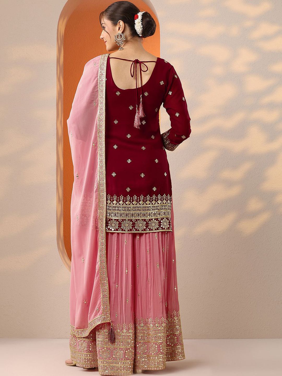 Dhiyona LL Floral Embroidered Georgette Sweetheart Neck Zari Kurti & Sharara & Dupatta
