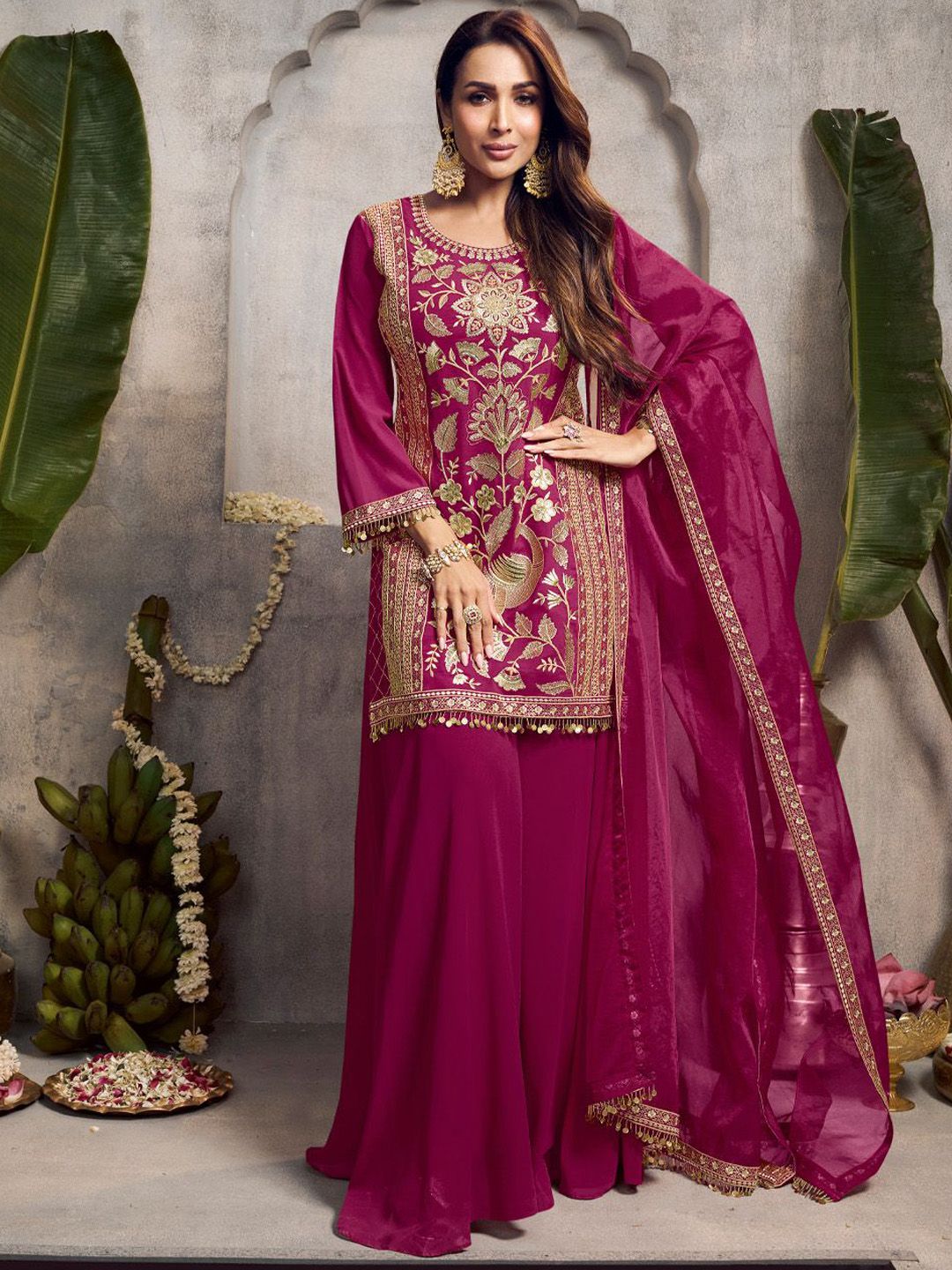 Dhiyona IN Floral Embroidered Sequinned Kurta With Palazzos & Dupatta