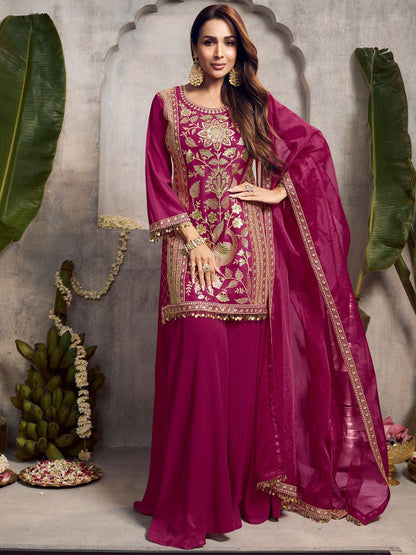 Dhiyona IN Floral Embroidered Sequinned Kurta With Palazzos & Dupatta