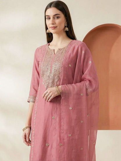 Dhiyona IE Women Ethnic Motifs Embroidered Regular Thread Work Kurta with Palazzos & With Dupatta