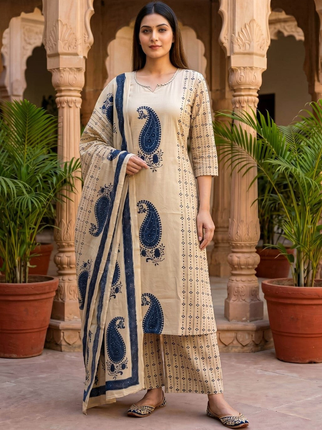 Printed Cotton Round Neck Kurta & Trousers With Dupatta Kurta Set