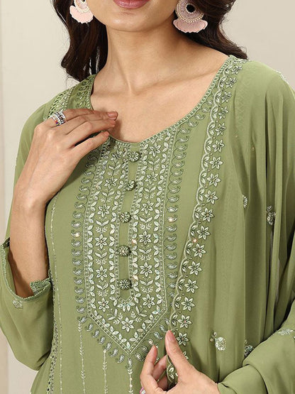Dhiyona LL Women Floral Embroidered Panelled Sequinned Kurta with Palazzos & Dupatta