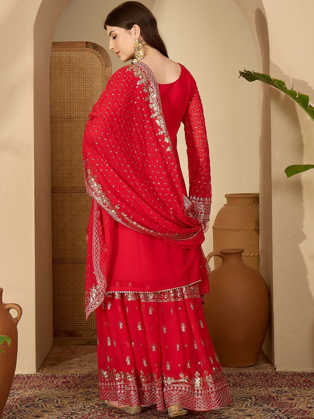 Ethnic Motifs Embroidered Panelled Gotta Patti Kurta With Palazzos & Dupatta
