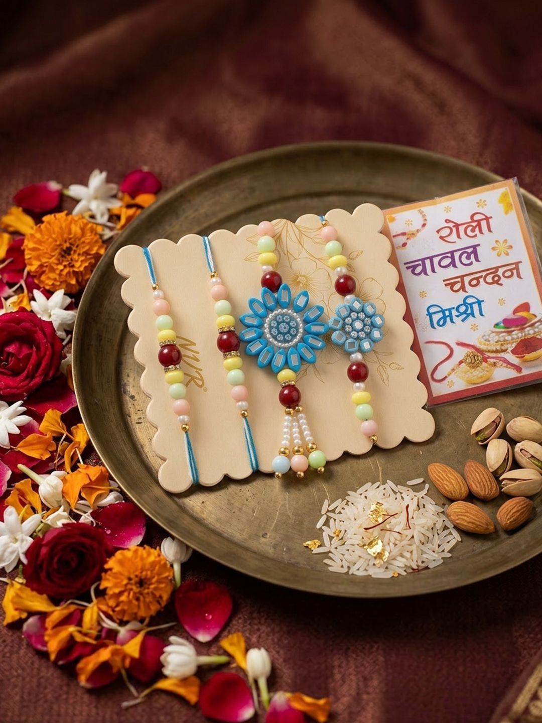 Dhiyona Set Of 4 Family Pack Beaded Thread Rakhi With Roli Chawal Chandan Mishri