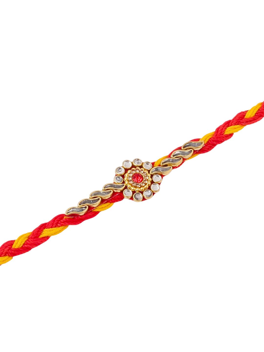 Dhiyona Men Set Of 6 Red & Yellow Kundan Studded Floral Design Thread Rakhi With Roli Chawal
