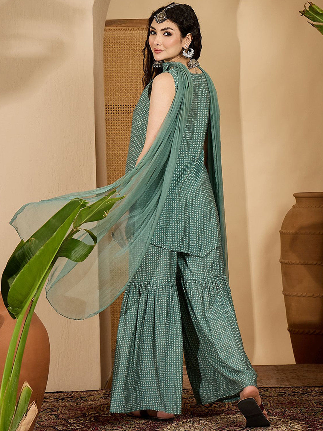 Women BandheJ Printed Asymmetric Short Kurti With Sharara & Dupatta